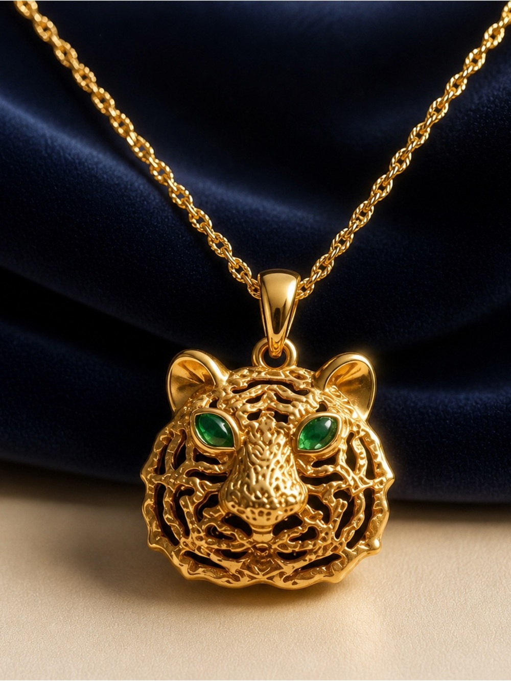 18k yellow gold Gold Tiger Head Pendant Necklace with Green Stone Eyes